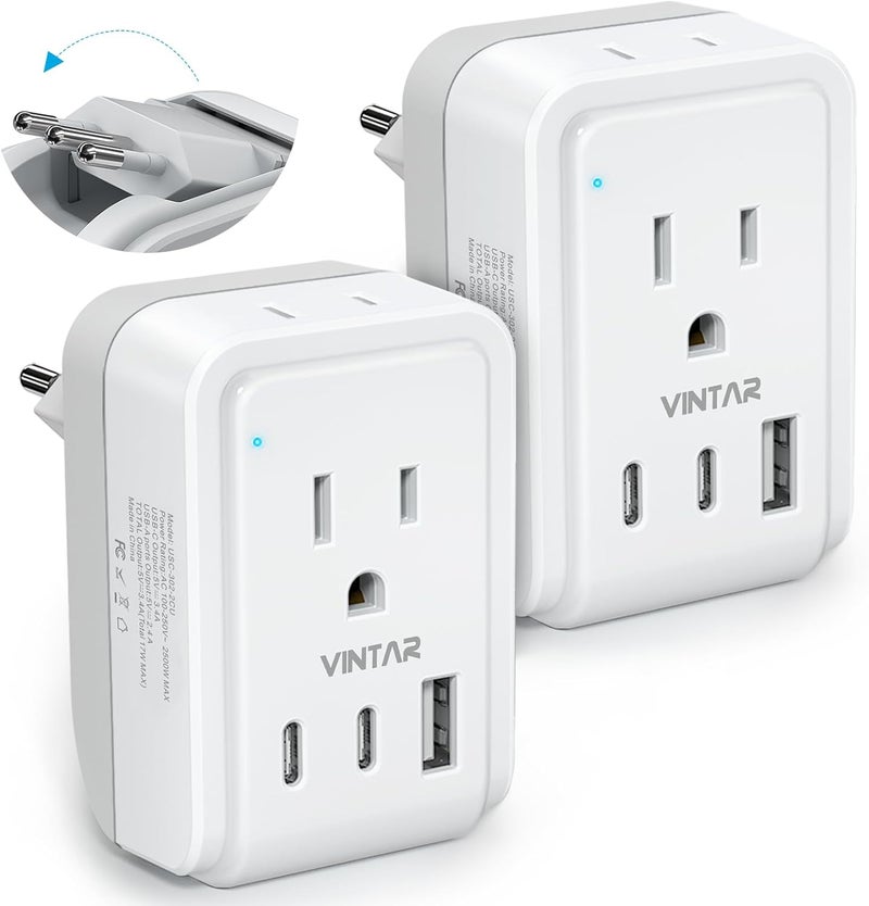 VINTAR 2 Pack Italy Travel Plug Adapter, Foldable Italy Power Adapter with 3 USB Ports(2 USB C) and 2 American Outlets, 3 Prong Grounded Type L Plug Adapter for US to Italy Rome Uruguay Chile - Image 1